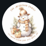 Golden Christmas Snowman Return Address Classic Round Sticker<br><div class="desc">Add this Golden Christmas Snowman Return Address Classic Round Sticker to your Holiday Christmas Mailings. These cute, festive Stickers are designed with a Jolly Snowman, dressed in a Golden Hat and Scarf with accents of Green and Red Holly Branches on a white background. The text includes: Your Family Name and...</div>
