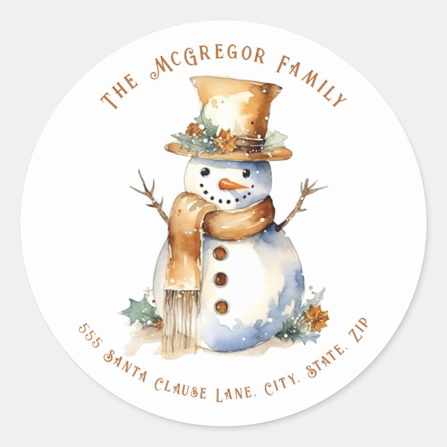 Golden Christmas Snowman Return Address Classic Round Sticker (Front)