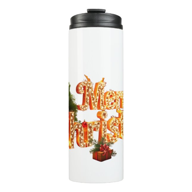 Golden Christmas Sparkle - Festive Tree Thermal Tumbler (Front)