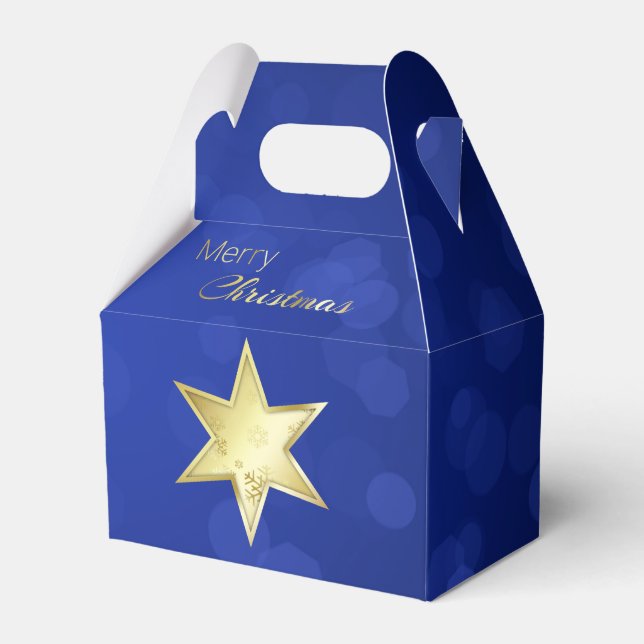 Golden Christmas Star Blue Bokeh Favor Box (Front Side)