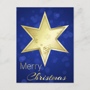 Golden Christmas Star Blue Bokeh Holiday Postcard