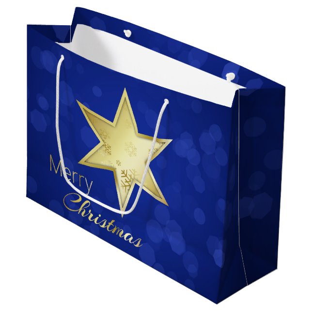 Golden Christmas Star Blue Bokeh Large Gift Bag (Front Angled)