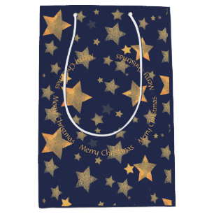 Golden Christmas Star Blue Elegant Classic Vintage Medium Gift Bag