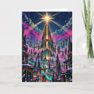 Golden Christmas Star Over Futuristic Neon City Holiday Card