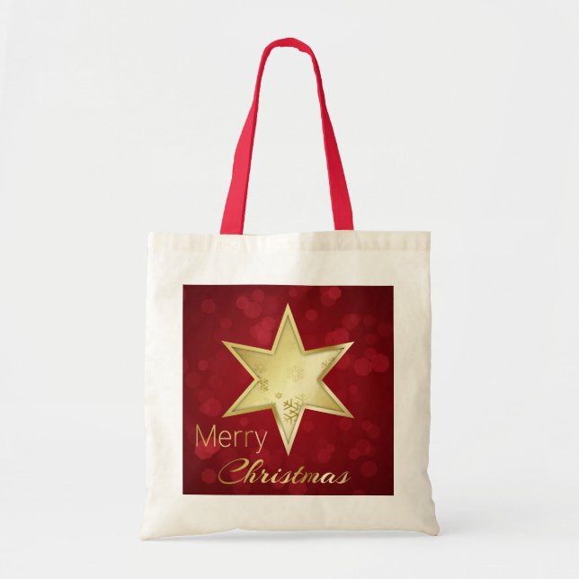 Golden Christmas Star Red Bokeh Tote Bag (Front)