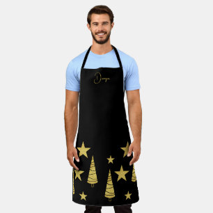Golden Christmas Tree And Stars Monogrammed Apron