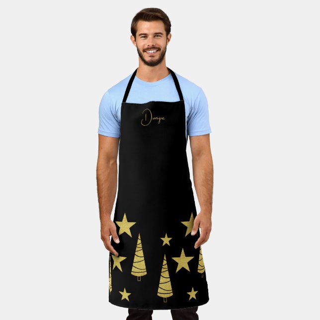 Golden Christmas Tree And Stars Monogrammed Apron (Worn)