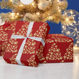 Golden Christmas Tree Holiday Simple Red  Wrapping Paper