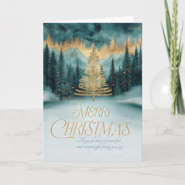 Golden Christmas Tree in a Pine Forest Holiday Card (Front)