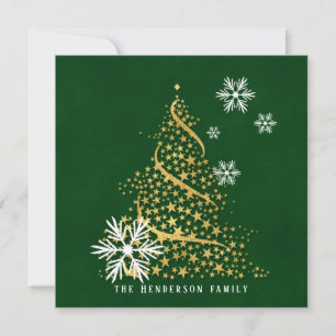 Golden Christmas Tree of Stars on Green Snowflakes Holiday Card