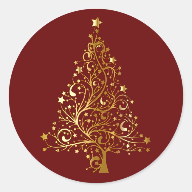 Golden Christmas Tree on Red Classic Round Sticker (Front)
