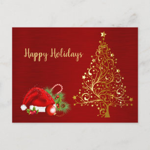 Golden Christmas Tree Red Santa Hat Holidays Postcard