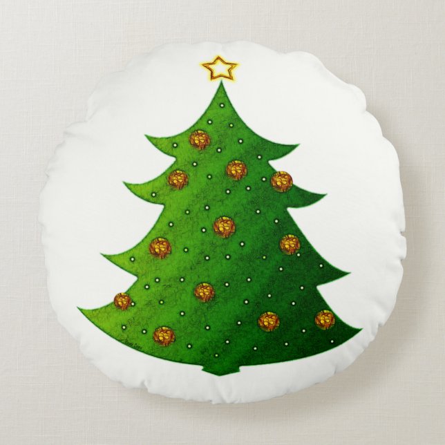 Golden Christmas Tree Round Pillow (Front)