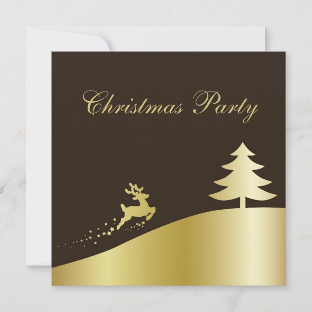 Golden Christmas Tree with Reindeer Invitation (Front)