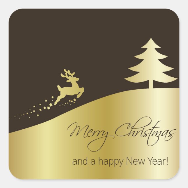 Golden Christmas Tree with Reindeer Square Sticker (Front)