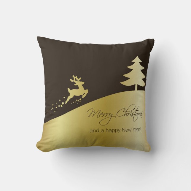 Golden Christmas Tree with Reindeer Throw Pillow (Front)