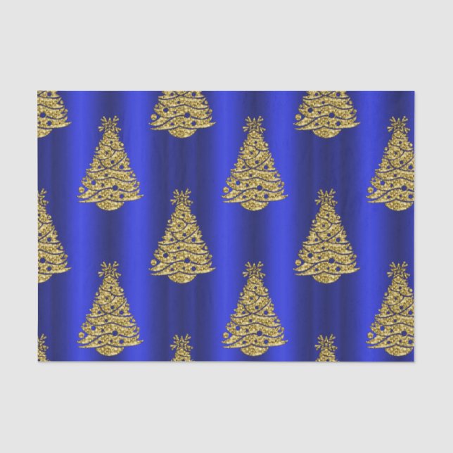 Golden Christmas Trees on Blue Tissue Paper (Front)