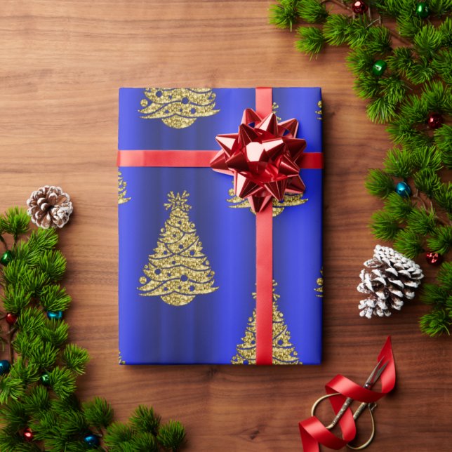 Golden Christmas Trees on Blue Wrapping Paper (Creator Uploaded)
