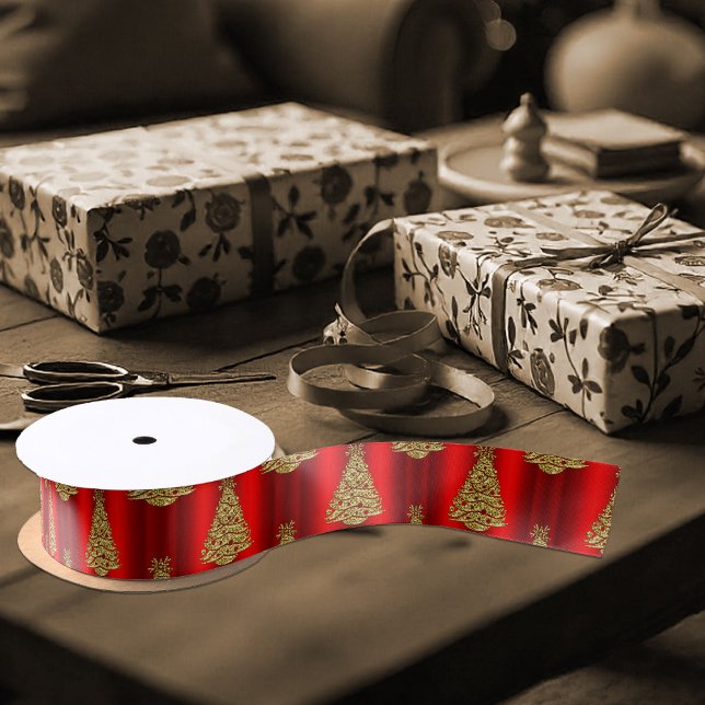 Golden Christmas Trees on Red Satin Ribbon (Golden Christmas Trees on Red Satin Christmas Ribbon)