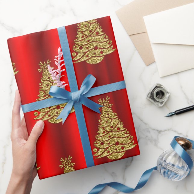 Golden Christmas Trees on Red Wrapping Paper (Creator Uploaded)