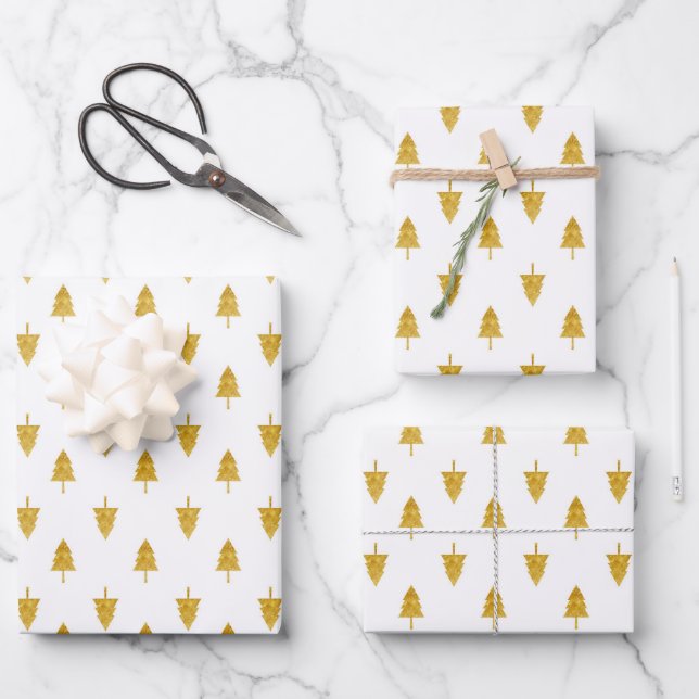 Golden Christmas Trees on White Background Wrapping Paper Sheet (Front)