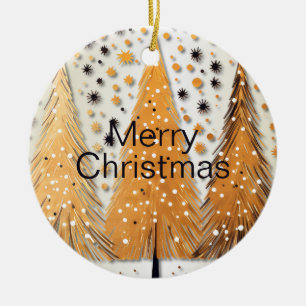 Golden Christmas Trees Shiny Snowflakes Holidays Ceramic Ornament