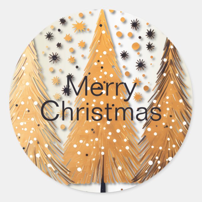 Golden Christmas Trees Shiny Snowflakes Holidays Classic Round Sticker (Front)