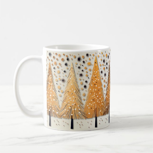 Golden Christmas Trees Shiny Snowflakes Holidays Coffee Mug (Left)