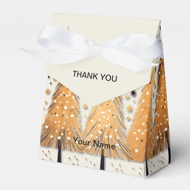 Golden Christmas Trees Shiny Snowflakes Holidays Favor Box (Front Side)