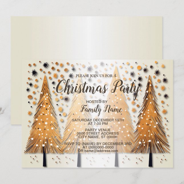 Golden Christmas Trees Shiny Snowflakes Holidays Invitation (Front/Back)