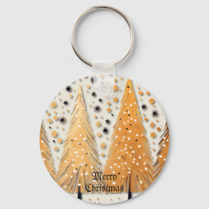 Golden Christmas Trees Shiny Snowflakes Holidays Keychain