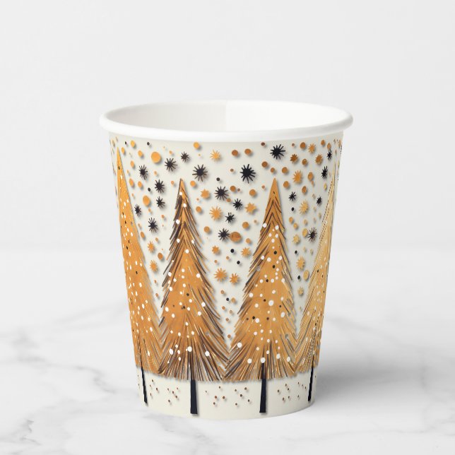 Golden Christmas Trees Shiny Snowflakes Holidays Paper Cups (Left)