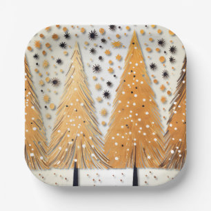 Golden Christmas Trees Shiny Snowflakes Holidays Paper Plate