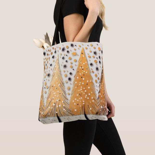 Golden Christmas Trees Shiny Snowflakes Holidays Tote Bag (Close Up)