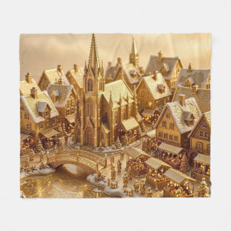 Golden Christmas Village Cathedral Market Scene Fleece Blanket