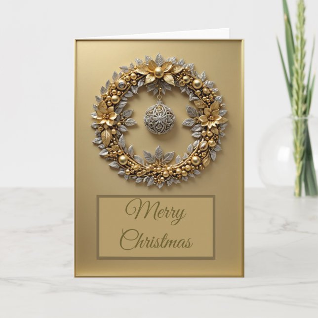 Golden Christmas Wreath 5" x 7" Folded Greeting Card (Front)
