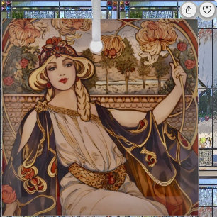 Golden Chrysanthemum Muse – Art Nouveau Floral Glass Ornament