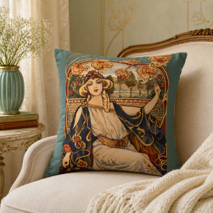 Golden Chrysanthemum Muse – Art Nouveau Floral  Throw Pillow