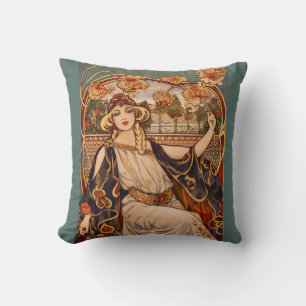 Golden Chrysanthemum Muse – Art Nouveau Floral  Throw Pillow