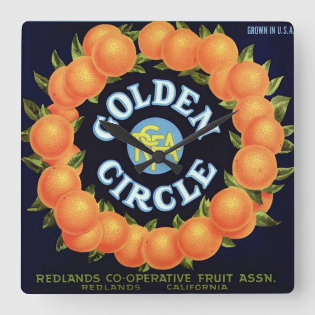 Golden Circle Brand Oranges Crate Label Square Wall Clock (Front)