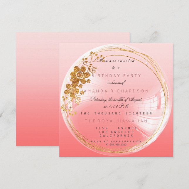 Golden Circle Peach Bubble Birthday Ombre Invitation (Front/Back)
