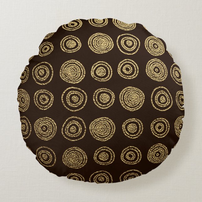 Golden Circles: Hand Drawn Pattern Round Pillow (Front)