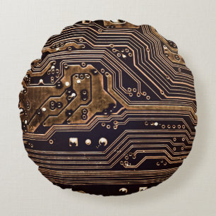 Golden circuit board. Electronic computer hardware Round Pillow