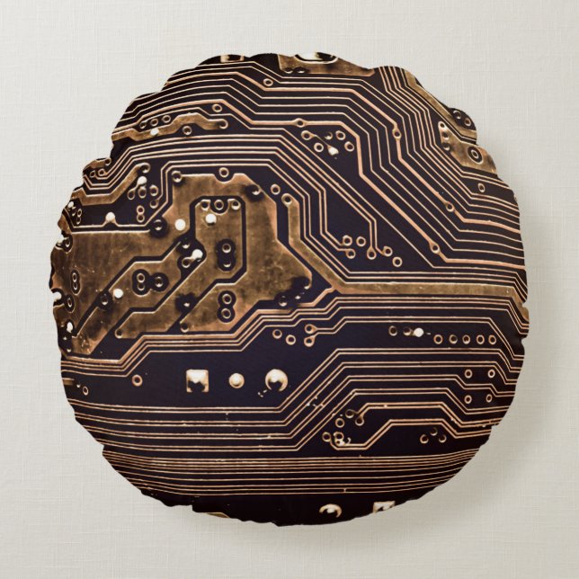 Golden circuit board. Electronic computer hardware Round Pillow (Front)