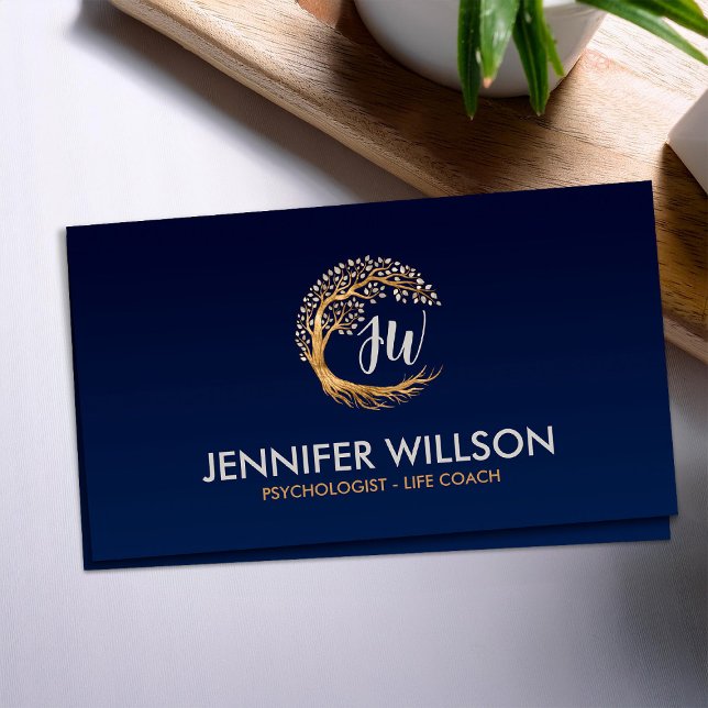 Golden Circular tree with pearl leaves Monogram Business Card (Creator Uploaded)