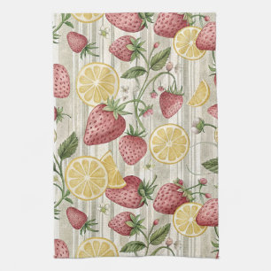 Golden Citrus and Red Strawberries Botanical Kitchen Towel