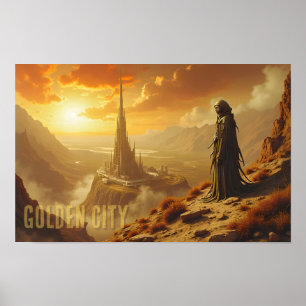 Golden City Futuristic Sci Fi Fantasy Art Poster