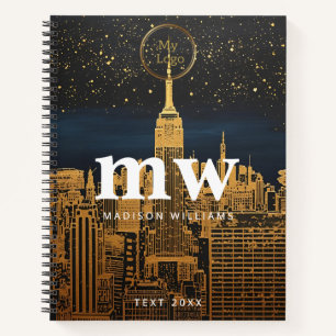 golden city skyline sparkly night time logo notebook