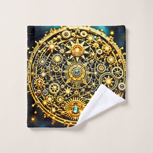 Golden Clockwork Celestial Art Bath Towel Set (Wash Cloth)
