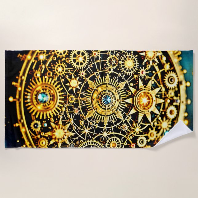 Golden Clockwork Celestial Art Beach Towel (Front)